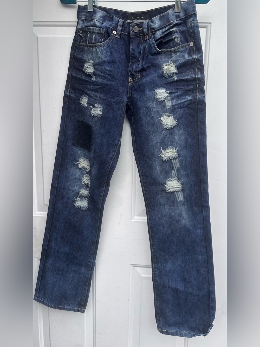 Boys Straight Leg Distressed Dark Blue Jeans